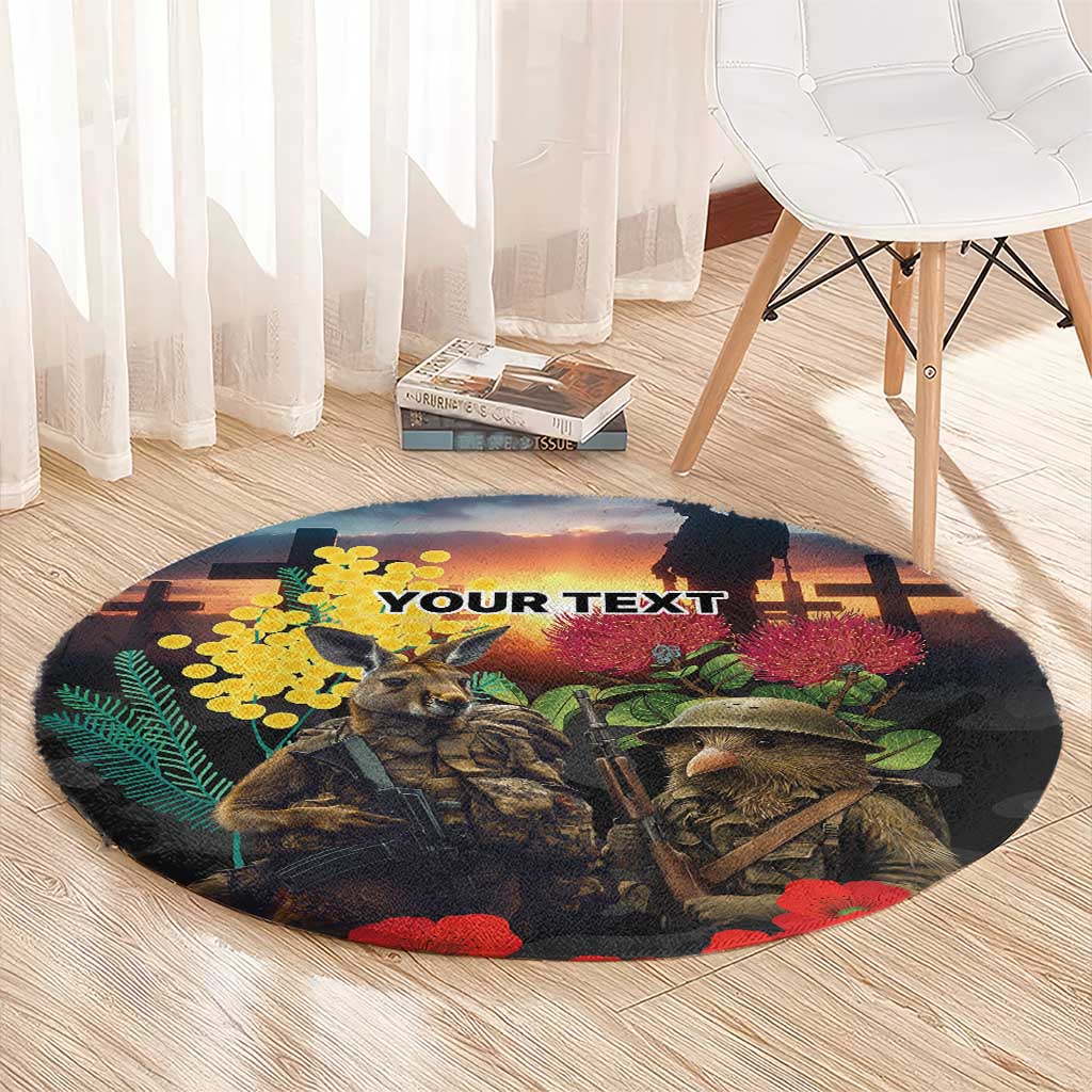 Kangaroo-Kiwi Soldier ANZAC Personalised Round Carpet Golden Wattle and Pohutukawa Flowers