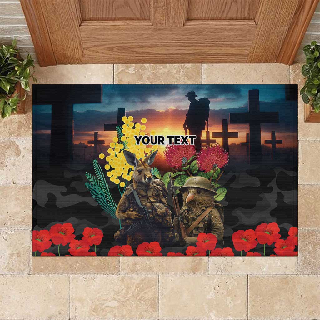 Kangaroo-Kiwi Soldier ANZAC Personalised Rubber Doormat Golden Wattle and Pohutukawa Flowers