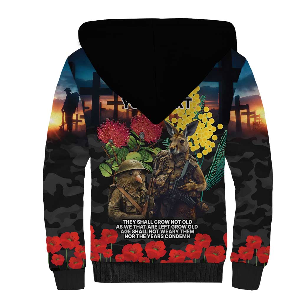 Kangaroo-Kiwi Soldier ANZAC Personalised Sherpa Hoodie Golden Wattle and Pohutukawa Flowers