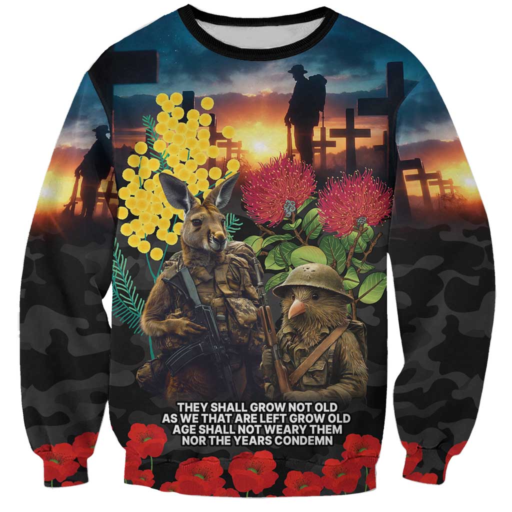 Kangaroo-Kiwi Soldier ANZAC Personalised Sweatshirt Golden Wattle and Pohutukawa Flowers