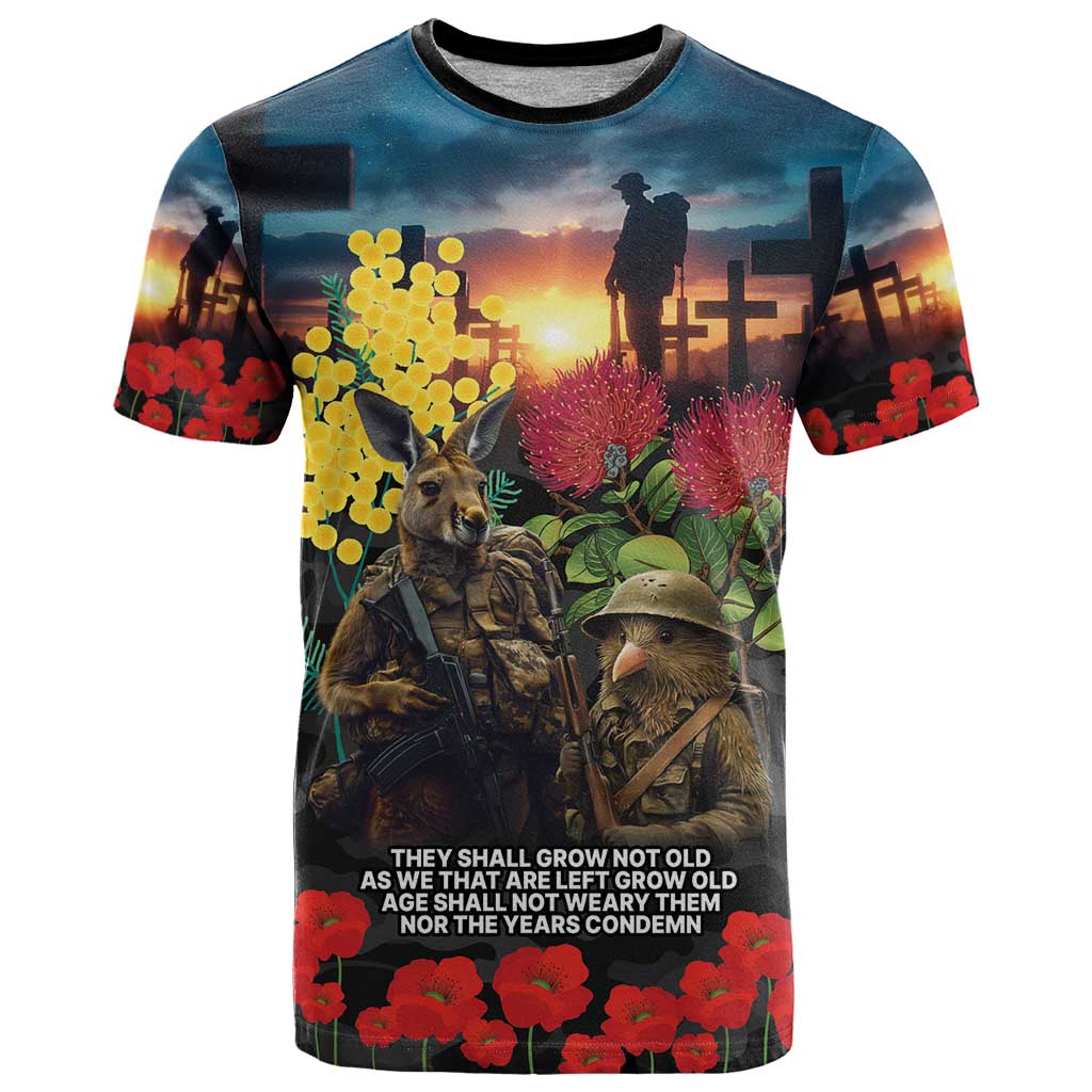 Kangaroo-Kiwi Soldier ANZAC Personalised T Shirt Golden Wattle and Pohutukawa Flowers