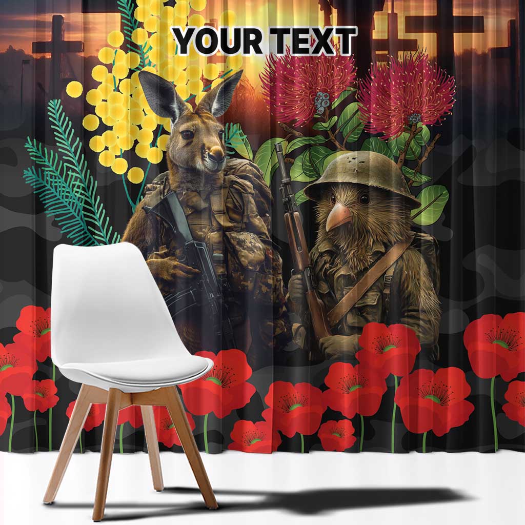 Kangaroo-Kiwi Soldier ANZAC Personalised Window Curtain Golden Wattle and Pohutukawa Flowers