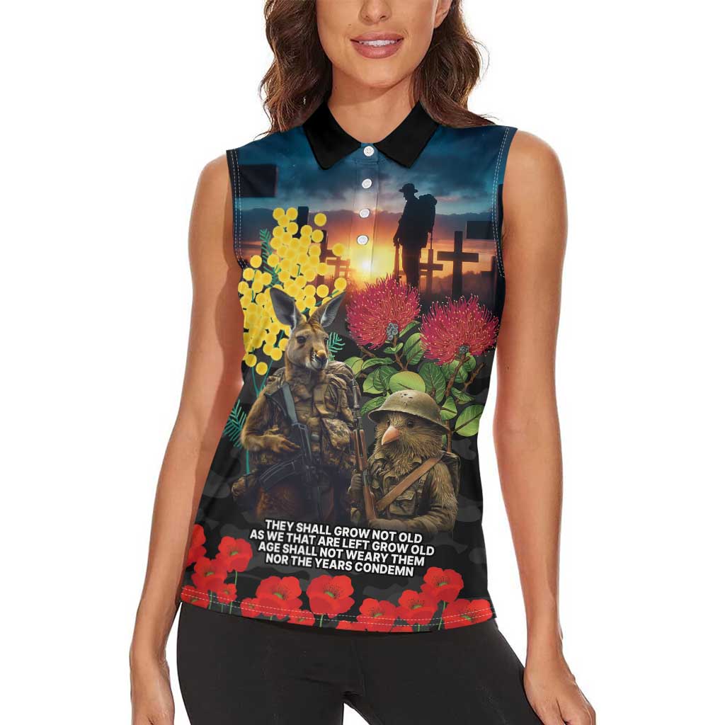 Kangaroo-Kiwi Soldier ANZAC Personalised Women Sleeveless Polo Shirt Golden Wattle and Pohutukawa Flowers