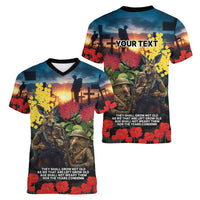 Kangaroo-Kiwi Soldier ANZAC Personalised Women V-Neck T-Shirt Golden Wattle and Pohutukawa Flowers