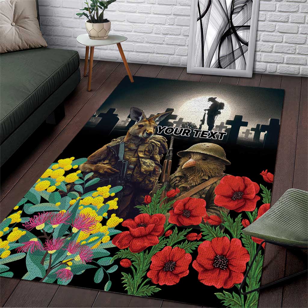 Kangaroo-Kiwi Soldier ANZAC Personalised Area Rug Golden Wattle Poppy Flowers