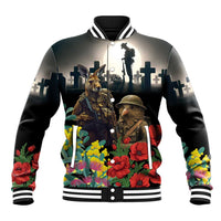 Kangaroo-Kiwi Soldier ANZAC Personalised Baseball Jacket Golden Wattle Poppy Flowers