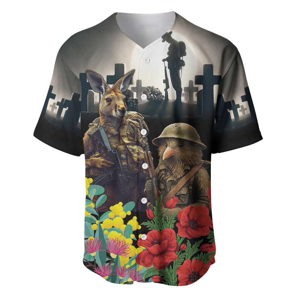 Kangaroo-Kiwi Soldier ANZAC Personalised Baseball Jersey Golden Wattle Poppy Flowers