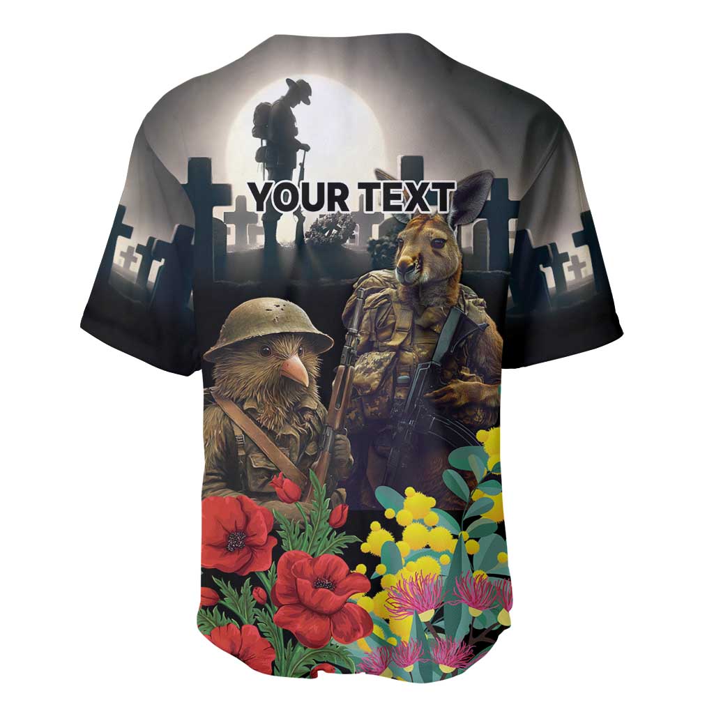 Kangaroo-Kiwi Soldier ANZAC Personalised Baseball Jersey Golden Wattle Poppy Flowers