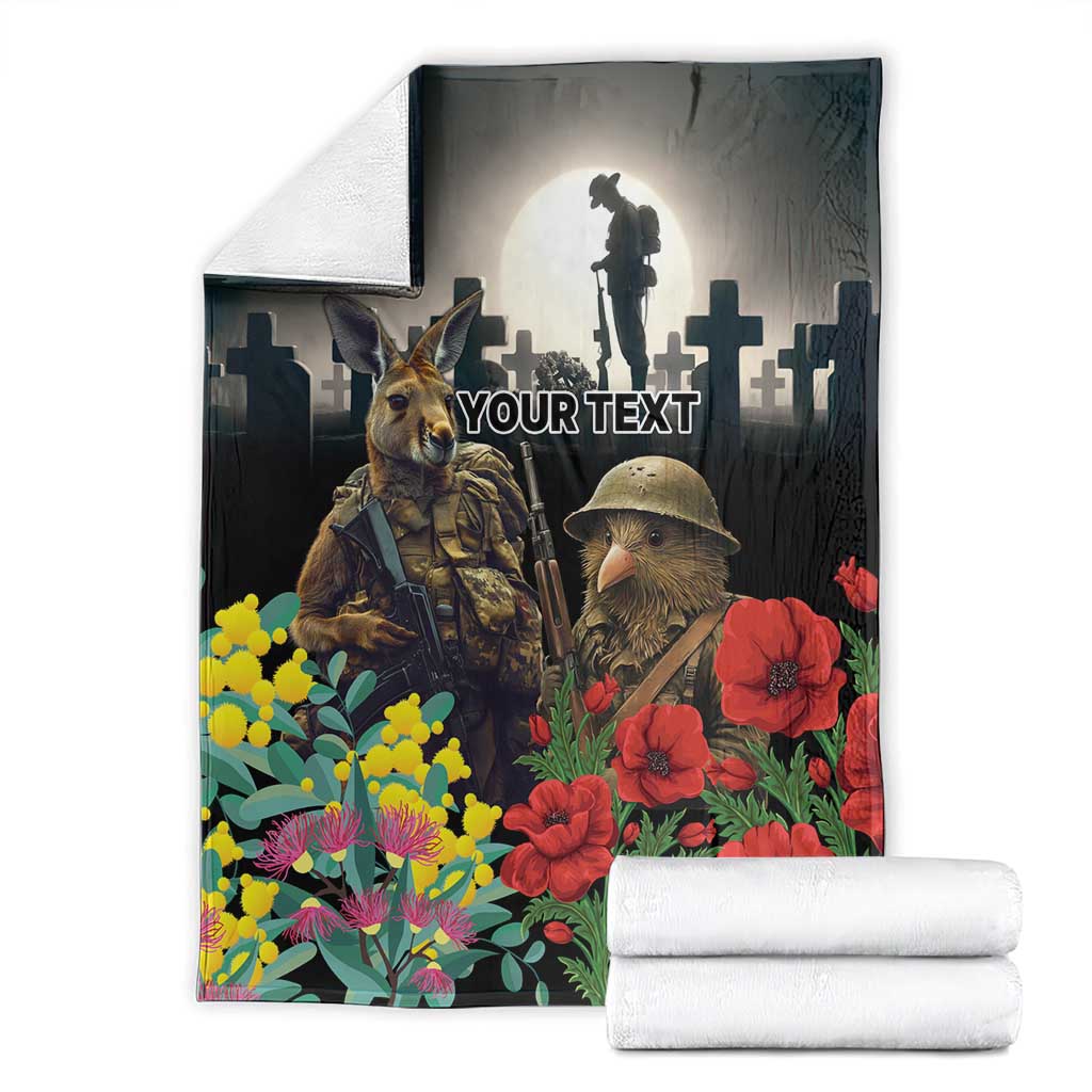 Kangaroo-Kiwi Soldier ANZAC Personalised Blanket Golden Wattle Poppy Flowers