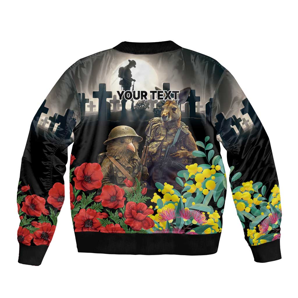 Kangaroo-Kiwi Soldier ANZAC Personalised Bomber Jacket Golden Wattle Poppy Flowers