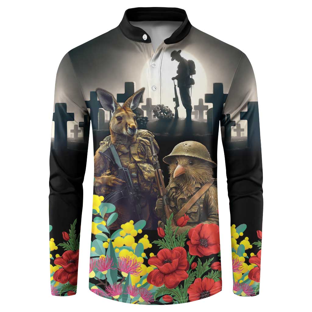 Kangaroo-Kiwi Soldier ANZAC Personalised Button Sweatshirt Golden Wattle Poppy Flowers