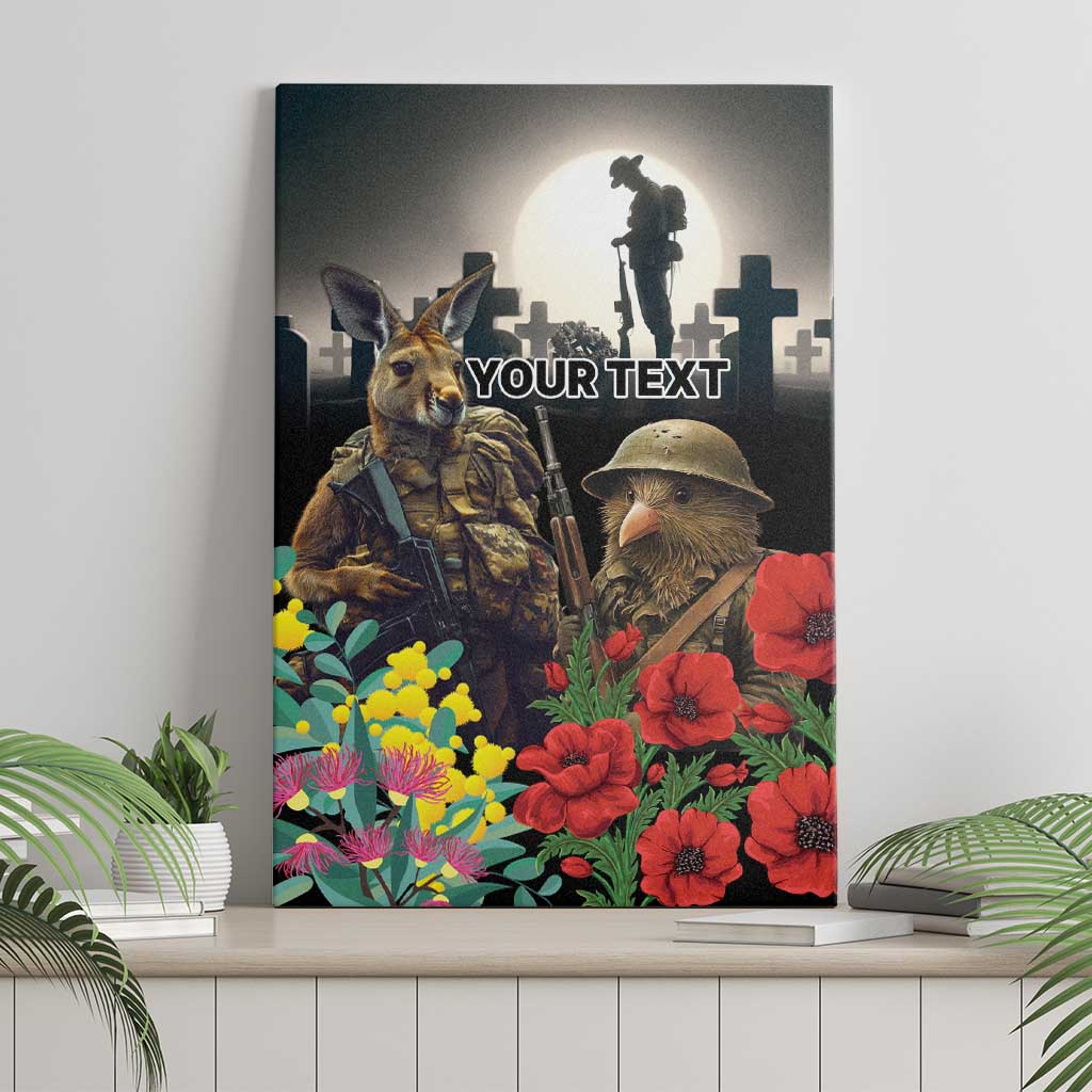 Kangaroo-Kiwi Soldier ANZAC Personalised Canvas Wall Art Golden Wattle Poppy Flowers