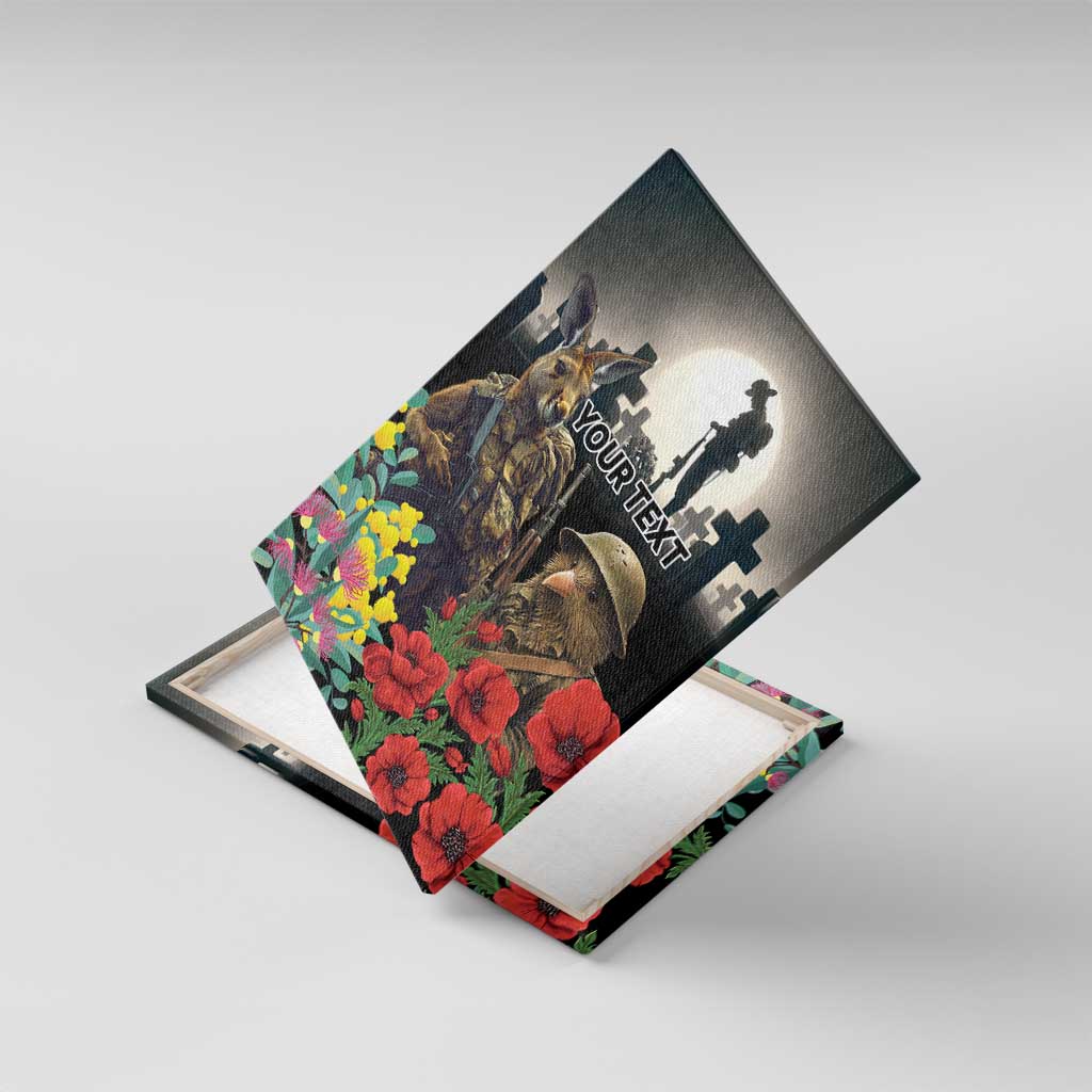 Kangaroo-Kiwi Soldier ANZAC Personalised Canvas Wall Art Golden Wattle Poppy Flowers