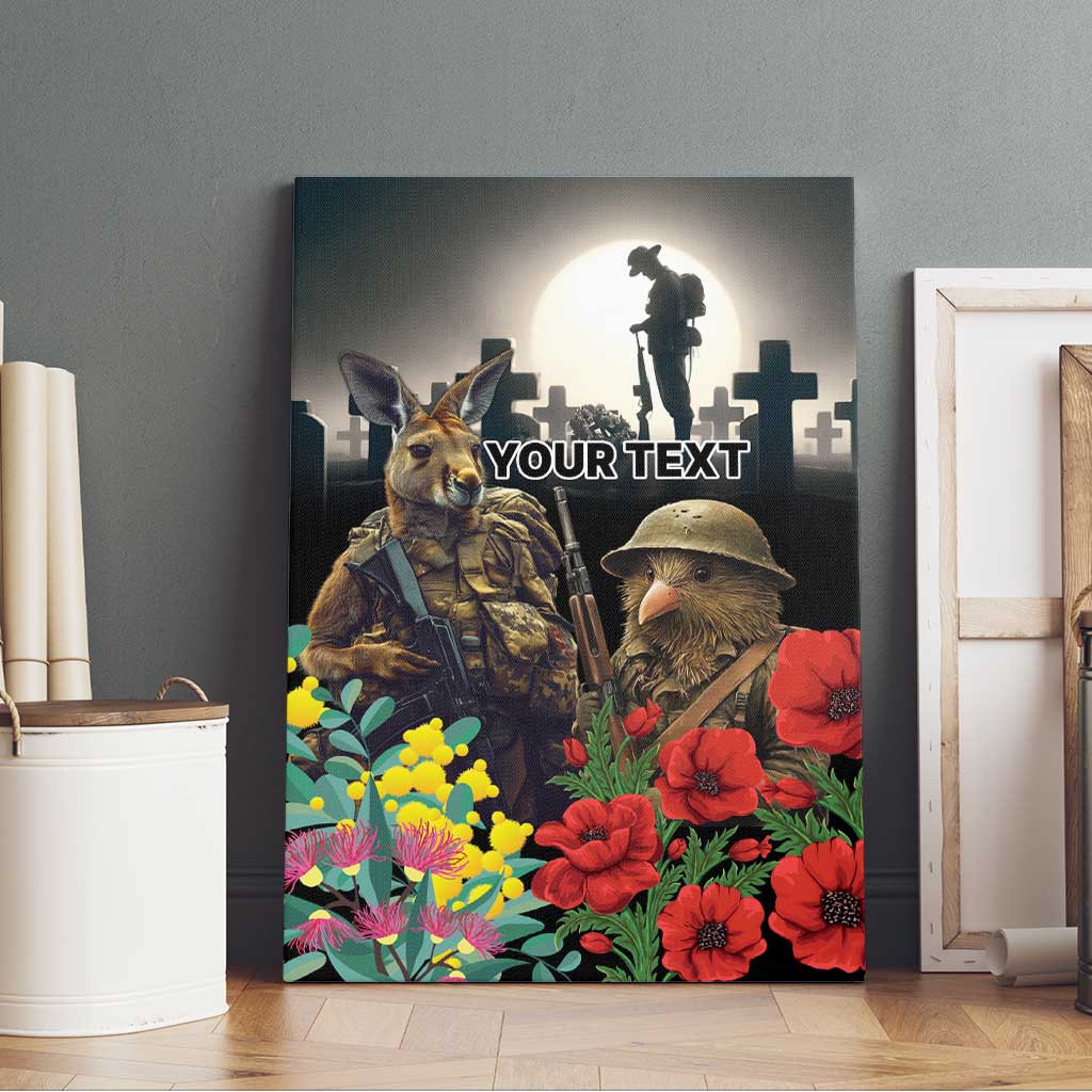 Kangaroo-Kiwi Soldier ANZAC Personalised Canvas Wall Art Golden Wattle Poppy Flowers