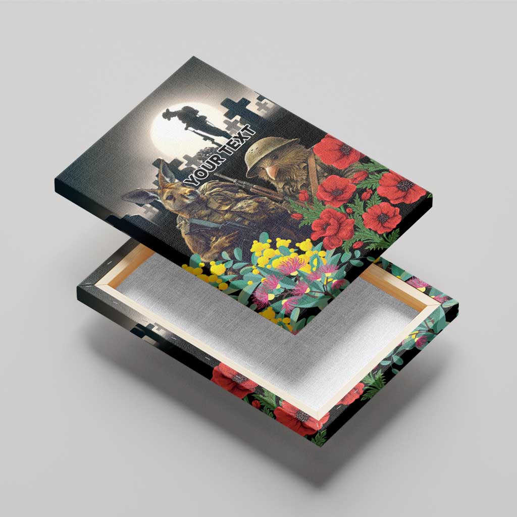 Kangaroo-Kiwi Soldier ANZAC Personalised Canvas Wall Art Golden Wattle Poppy Flowers