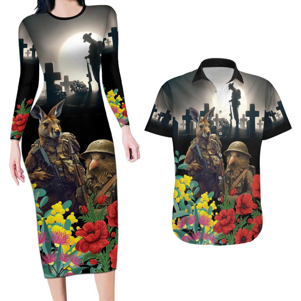 Kangaroo-Kiwi Soldier ANZAC Personalised Couples Matching Long Sleeve Bodycon Dress and Hawaiian Shirt Golden Wattle Poppy Flowers