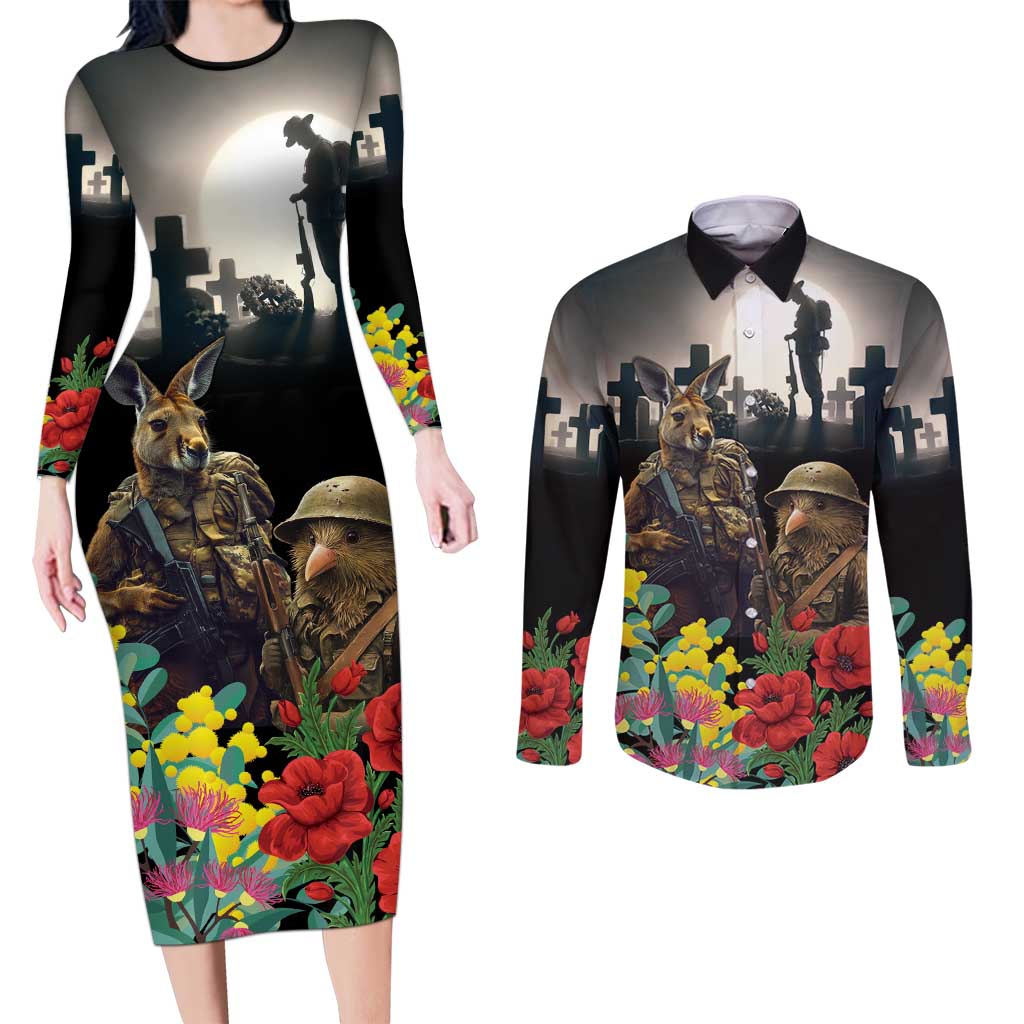 Kangaroo-Kiwi Soldier ANZAC Personalised Couples Matching Long Sleeve Bodycon Dress and Long Sleeve Button Shirt Golden Wattle Poppy Flowers