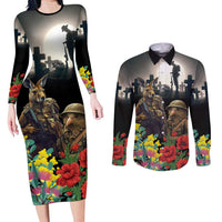 Kangaroo-Kiwi Soldier ANZAC Personalised Couples Matching Long Sleeve Bodycon Dress and Long Sleeve Button Shirt Golden Wattle Poppy Flowers