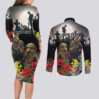Kangaroo-Kiwi Soldier ANZAC Personalised Couples Matching Long Sleeve Bodycon Dress and Long Sleeve Button Shirt Golden Wattle Poppy Flowers