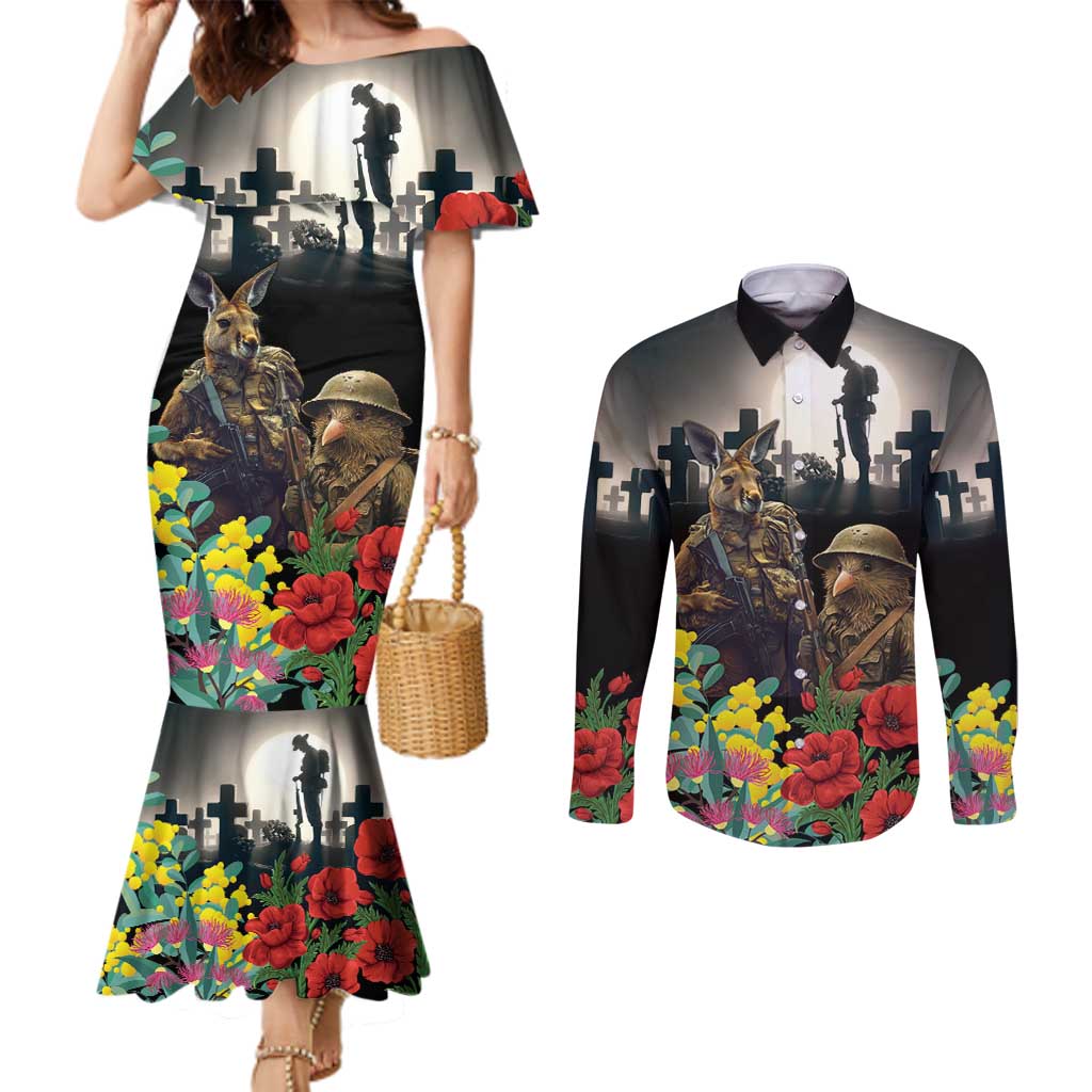 Kangaroo-Kiwi Soldier ANZAC Personalised Couples Matching Mermaid Dress and Long Sleeve Button Shirt Golden Wattle Poppy Flowers