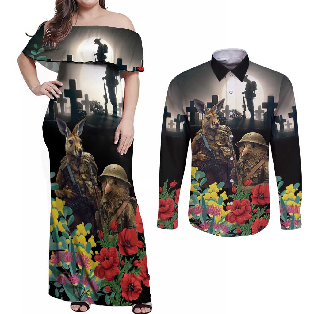 Kangaroo-Kiwi Soldier ANZAC Personalised Couples Matching Off Shoulder Maxi Dress and Long Sleeve Button Shirt Golden Wattle Poppy Flowers