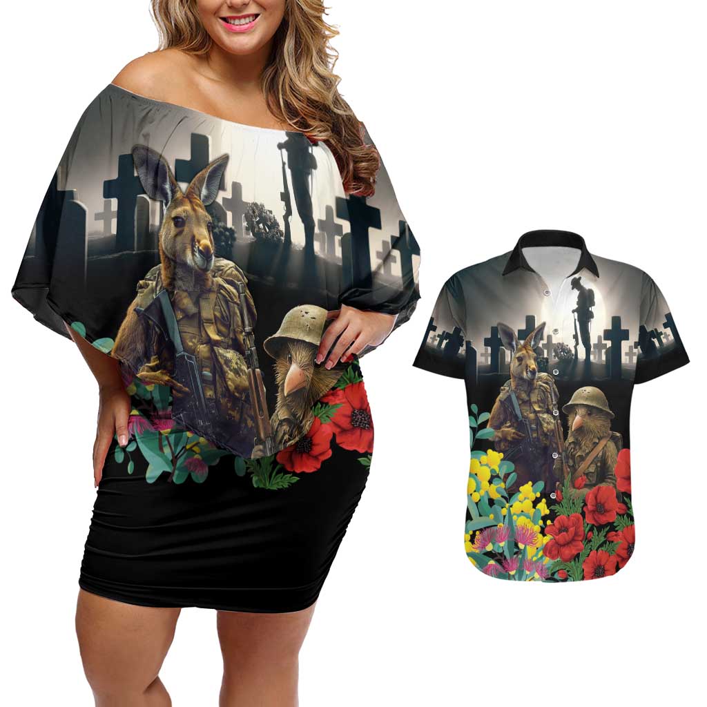 Kangaroo-Kiwi Soldier ANZAC Personalised Couples Matching Off Shoulder Short Dress and Hawaiian Shirt Golden Wattle Poppy Flowers