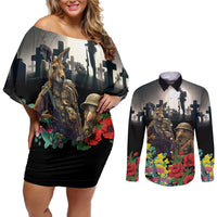 Kangaroo-Kiwi Soldier ANZAC Personalised Couples Matching Off Shoulder Short Dress and Long Sleeve Button Shirt Golden Wattle Poppy Flowers