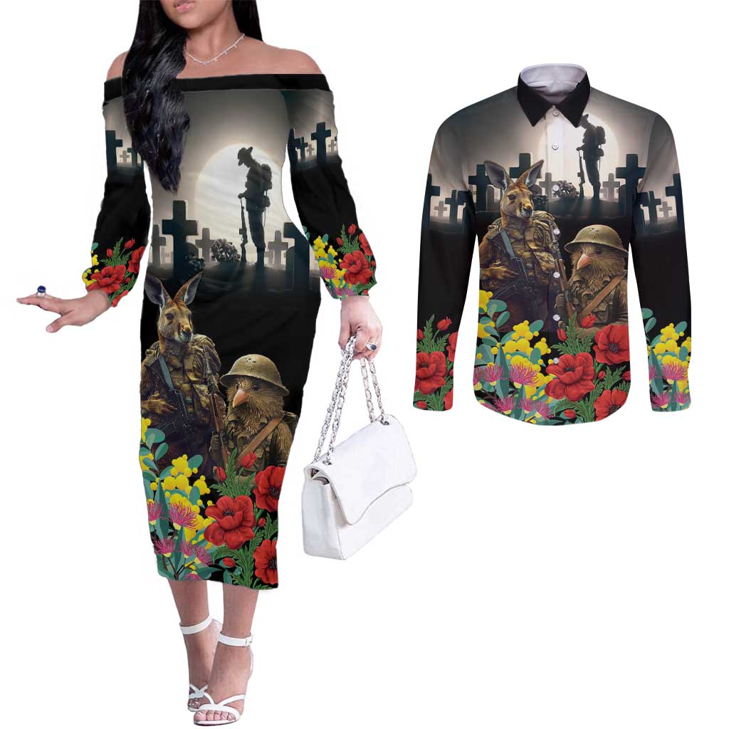 Kangaroo-Kiwi Soldier ANZAC Personalised Couples Matching Off The Shoulder Long Sleeve Dress and Long Sleeve Button Shirt Golden Wattle Poppy Flowers