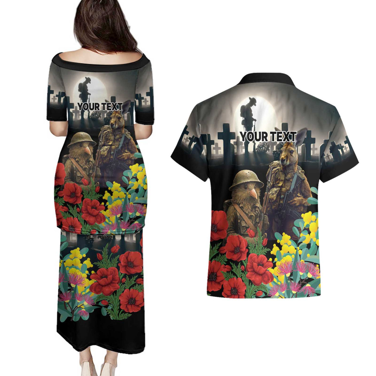 Kangaroo-Kiwi Soldier ANZAC Personalised Couples Matching Puletasi and Hawaiian Shirt Golden Wattle Poppy Flowers