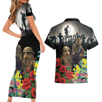 Kangaroo-Kiwi Soldier ANZAC Personalised Couples Matching Short Sleeve Bodycon Dress and Hawaiian Shirt Golden Wattle Poppy Flowers