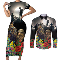 Kangaroo-Kiwi Soldier ANZAC Personalised Couples Matching Short Sleeve Bodycon Dress and Long Sleeve Button Shirt Golden Wattle Poppy Flowers