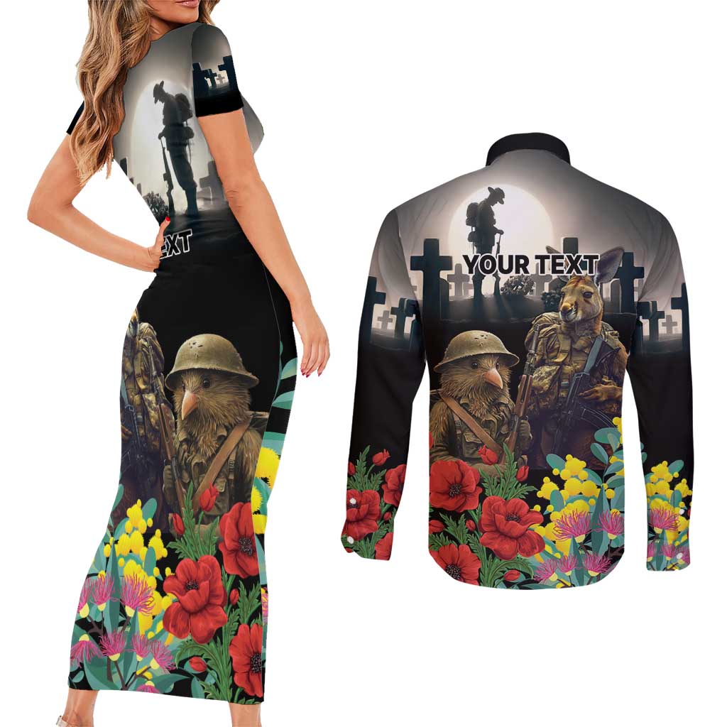 Kangaroo-Kiwi Soldier ANZAC Personalised Couples Matching Short Sleeve Bodycon Dress and Long Sleeve Button Shirt Golden Wattle Poppy Flowers