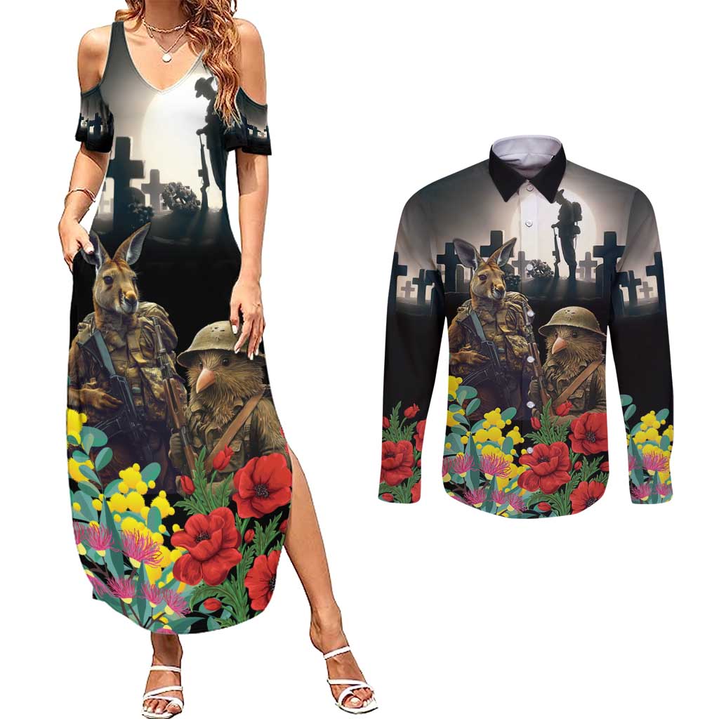 Kangaroo-Kiwi Soldier ANZAC Personalised Couples Matching Summer Maxi Dress and Long Sleeve Button Shirt Golden Wattle Poppy Flowers