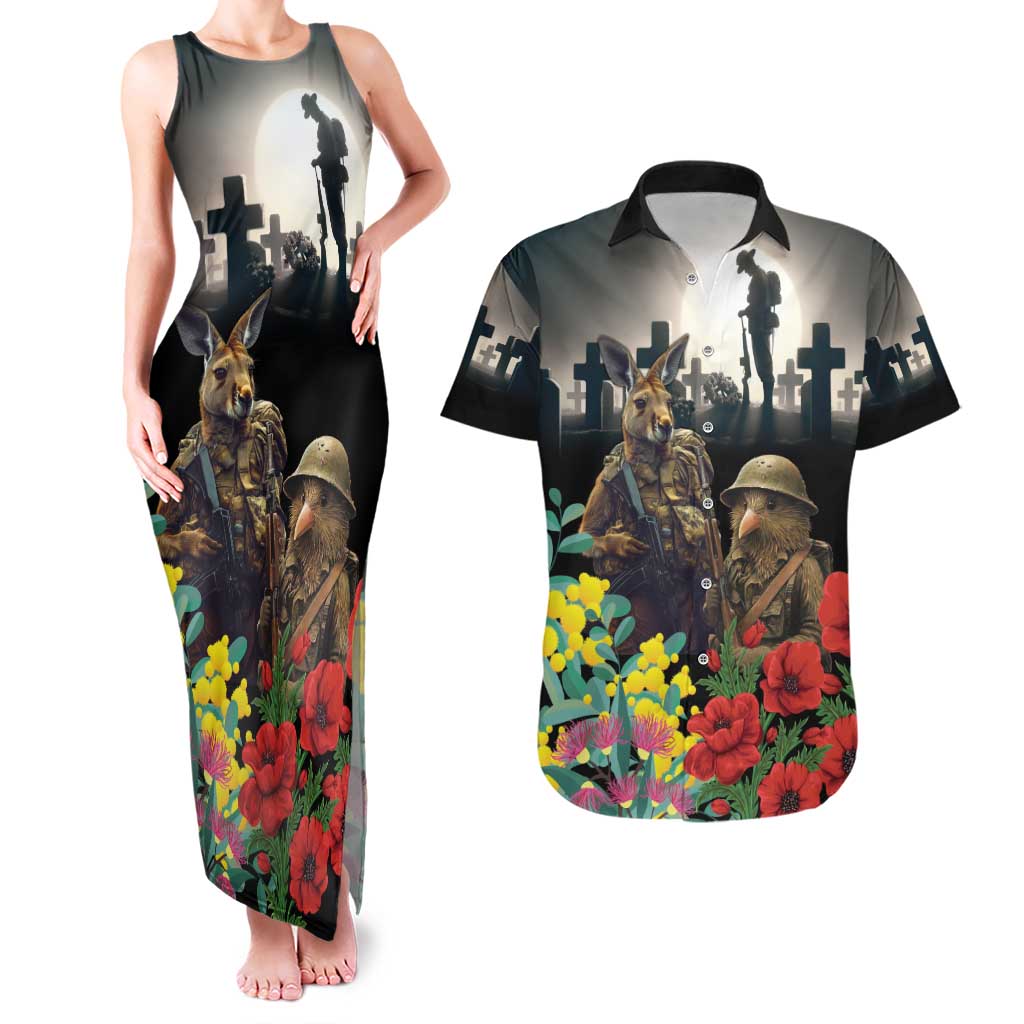 Kangaroo-Kiwi Soldier ANZAC Personalised Couples Matching Tank Maxi Dress and Hawaiian Shirt Golden Wattle Poppy Flowers