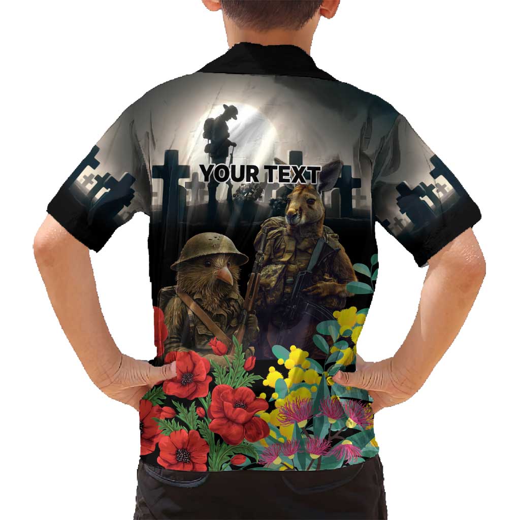 Kangaroo-Kiwi Soldier ANZAC Personalised Family Matching Long Sleeve Bodycon Dress and Hawaiian Shirt Golden Wattle Poppy Flowers