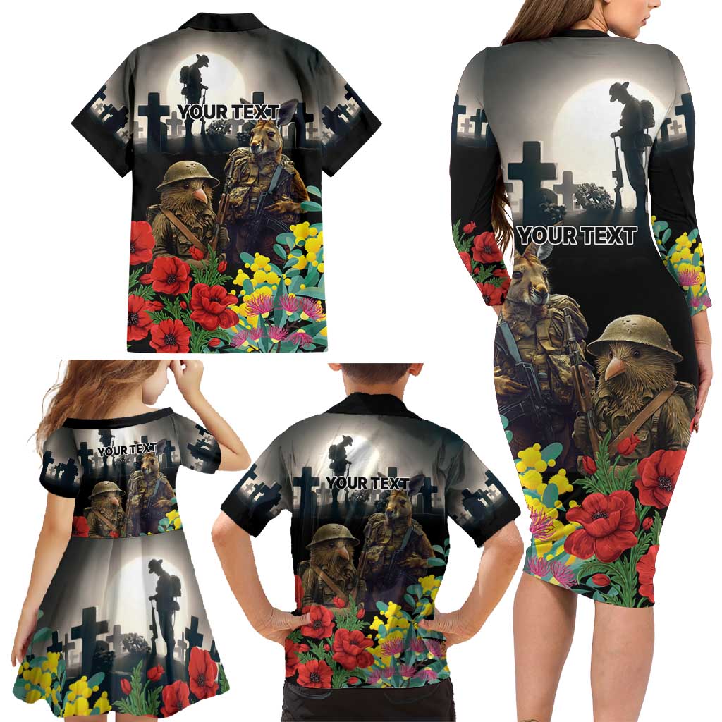 Kangaroo-Kiwi Soldier ANZAC Personalised Family Matching Long Sleeve Bodycon Dress and Hawaiian Shirt Golden Wattle Poppy Flowers
