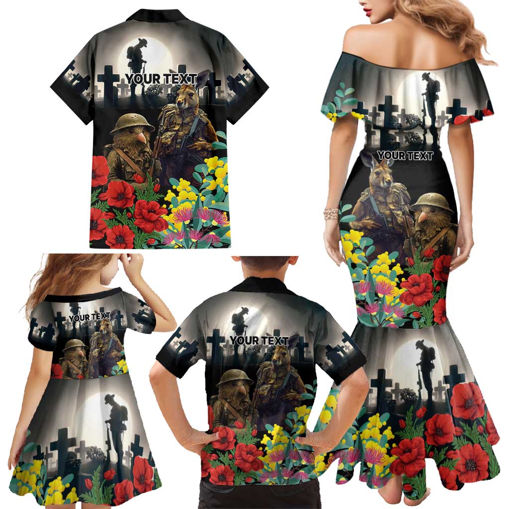 Kangaroo-Kiwi Soldier ANZAC Personalised Family Matching Mermaid Dress and Hawaiian Shirt Golden Wattle Poppy Flowers