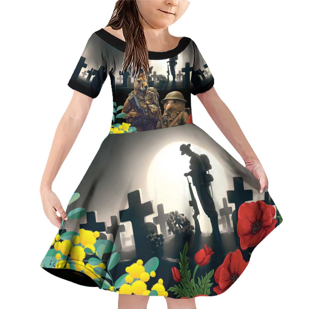 Kangaroo-Kiwi Soldier ANZAC Personalised Family Matching Off Shoulder Short Dress and Hawaiian Shirt Golden Wattle Poppy Flowers
