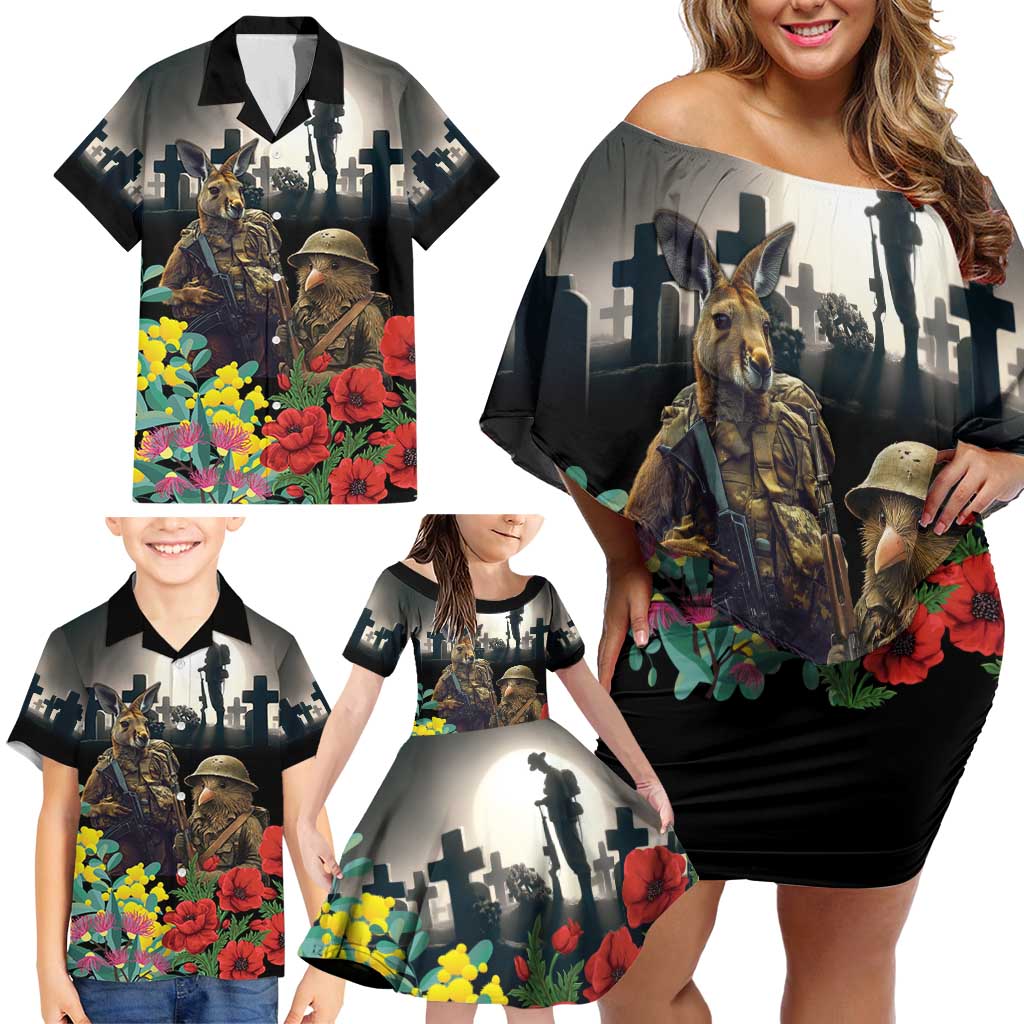 Kangaroo-Kiwi Soldier ANZAC Personalised Family Matching Off Shoulder Short Dress and Hawaiian Shirt Golden Wattle Poppy Flowers