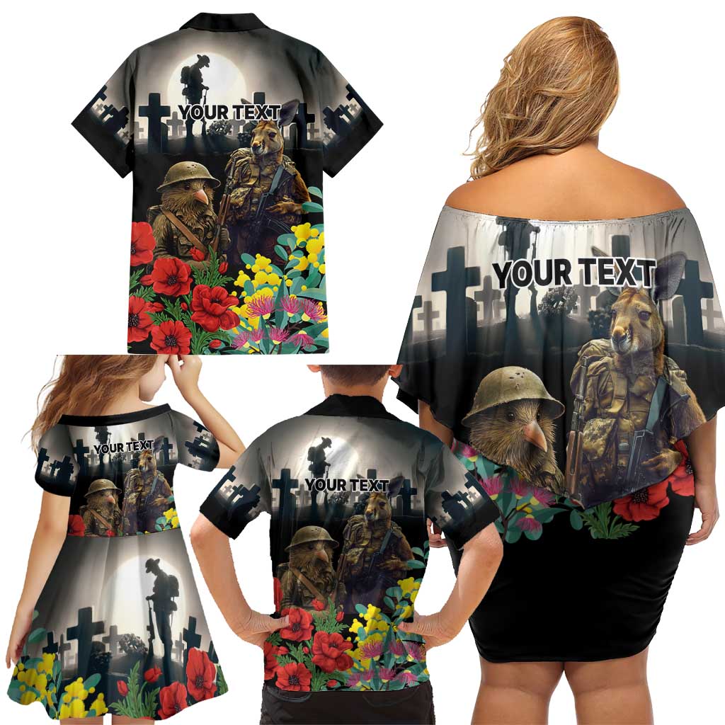 Kangaroo-Kiwi Soldier ANZAC Personalised Family Matching Off Shoulder Short Dress and Hawaiian Shirt Golden Wattle Poppy Flowers
