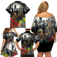Kangaroo-Kiwi Soldier ANZAC Personalised Family Matching Off Shoulder Short Dress and Hawaiian Shirt Golden Wattle Poppy Flowers