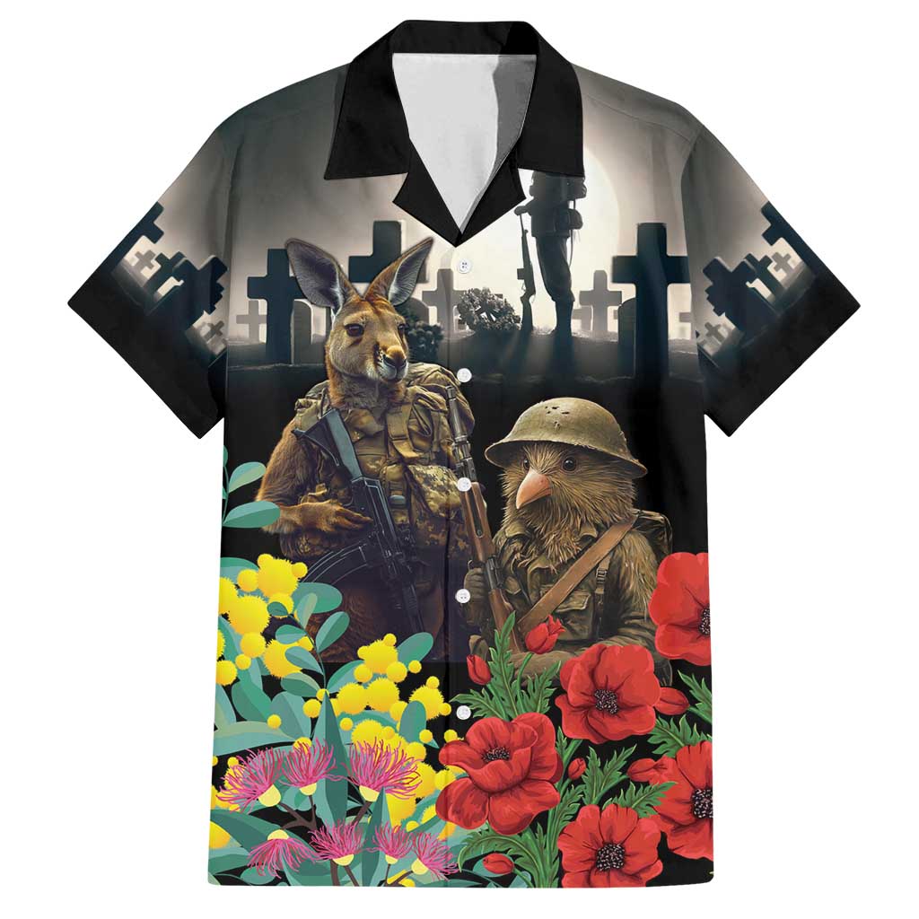 Kangaroo-Kiwi Soldier ANZAC Personalised Family Matching Off Shoulder Short Dress and Hawaiian Shirt Golden Wattle Poppy Flowers