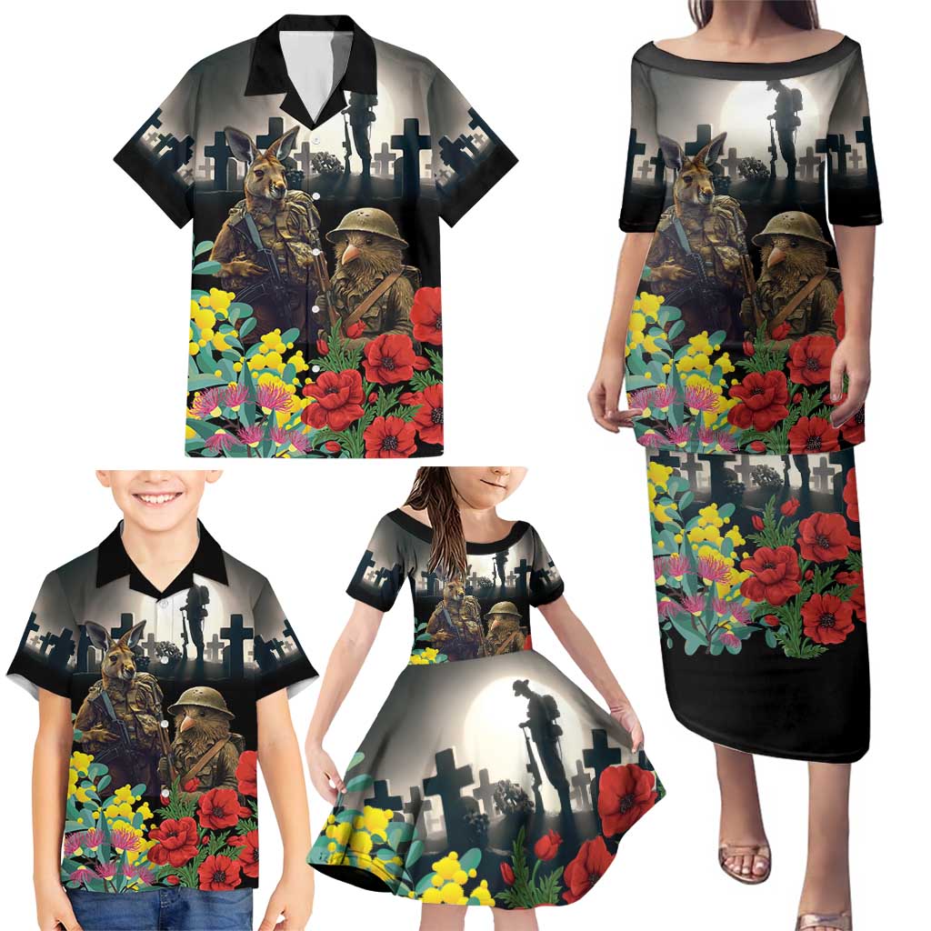 Kangaroo-Kiwi Soldier ANZAC Personalised Family Matching Puletasi and Hawaiian Shirt Golden Wattle Poppy Flowers