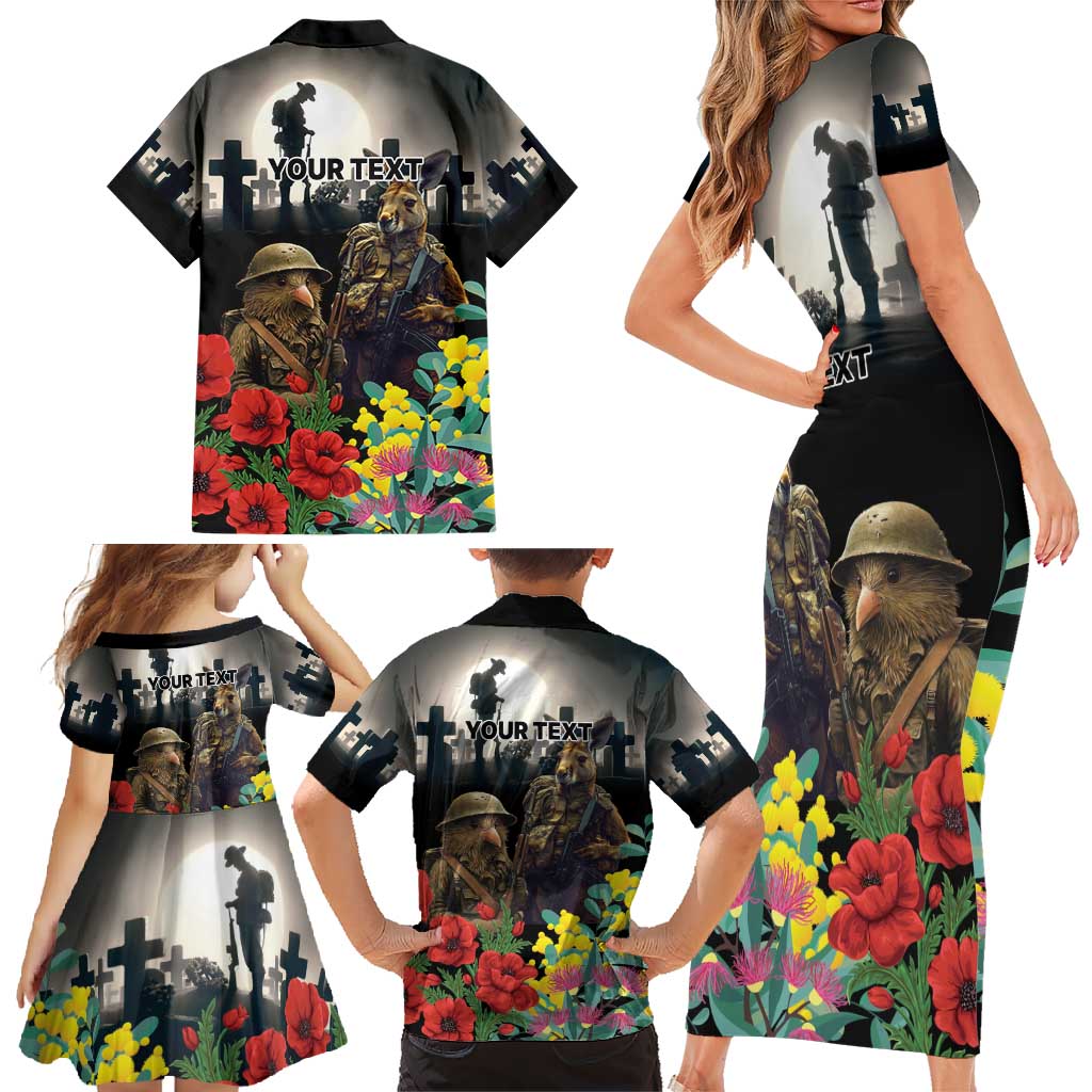Kangaroo-Kiwi Soldier ANZAC Personalised Family Matching Short Sleeve Bodycon Dress and Hawaiian Shirt Golden Wattle Poppy Flowers
