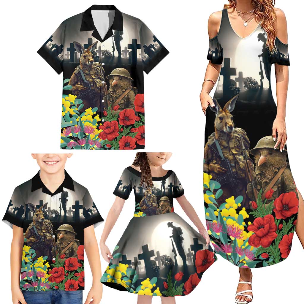 Kangaroo-Kiwi Soldier ANZAC Personalised Family Matching Summer Maxi Dress and Hawaiian Shirt Golden Wattle Poppy Flowers