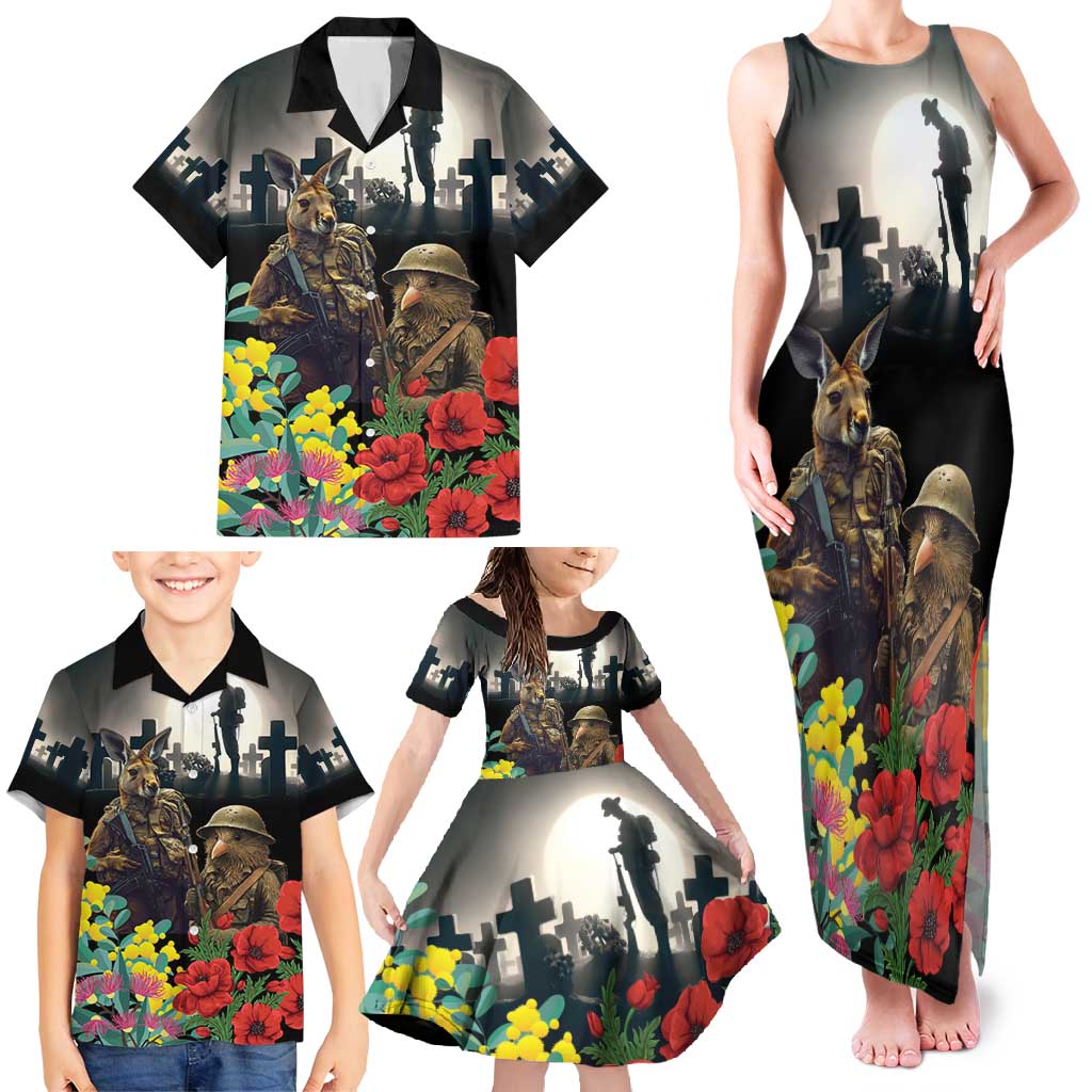 Kangaroo-Kiwi Soldier ANZAC Personalised Family Matching Tank Maxi Dress and Hawaiian Shirt Golden Wattle Poppy Flowers