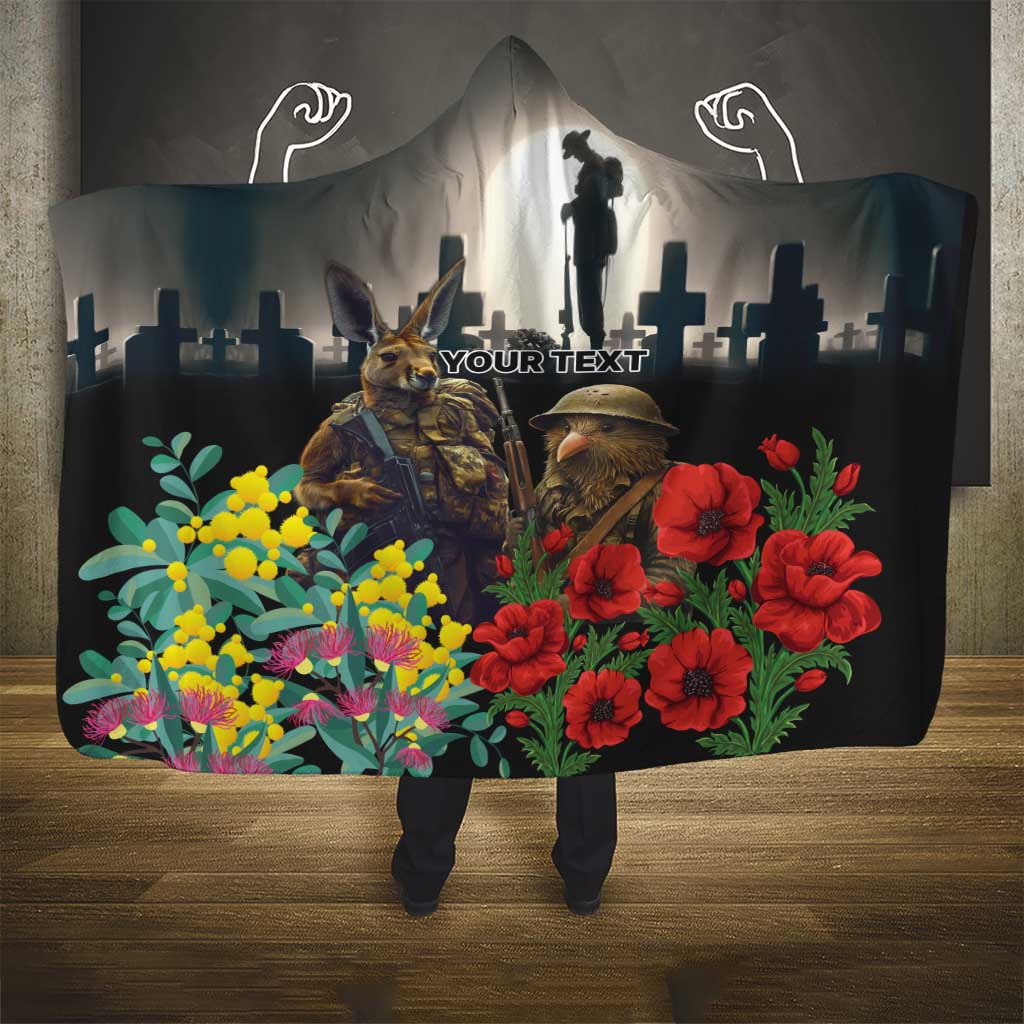 Kangaroo-Kiwi Soldier ANZAC Personalised Hooded Blanket Golden Wattle Poppy Flowers
