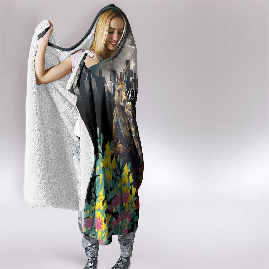 Kangaroo-Kiwi Soldier ANZAC Personalised Hooded Blanket Golden Wattle Poppy Flowers