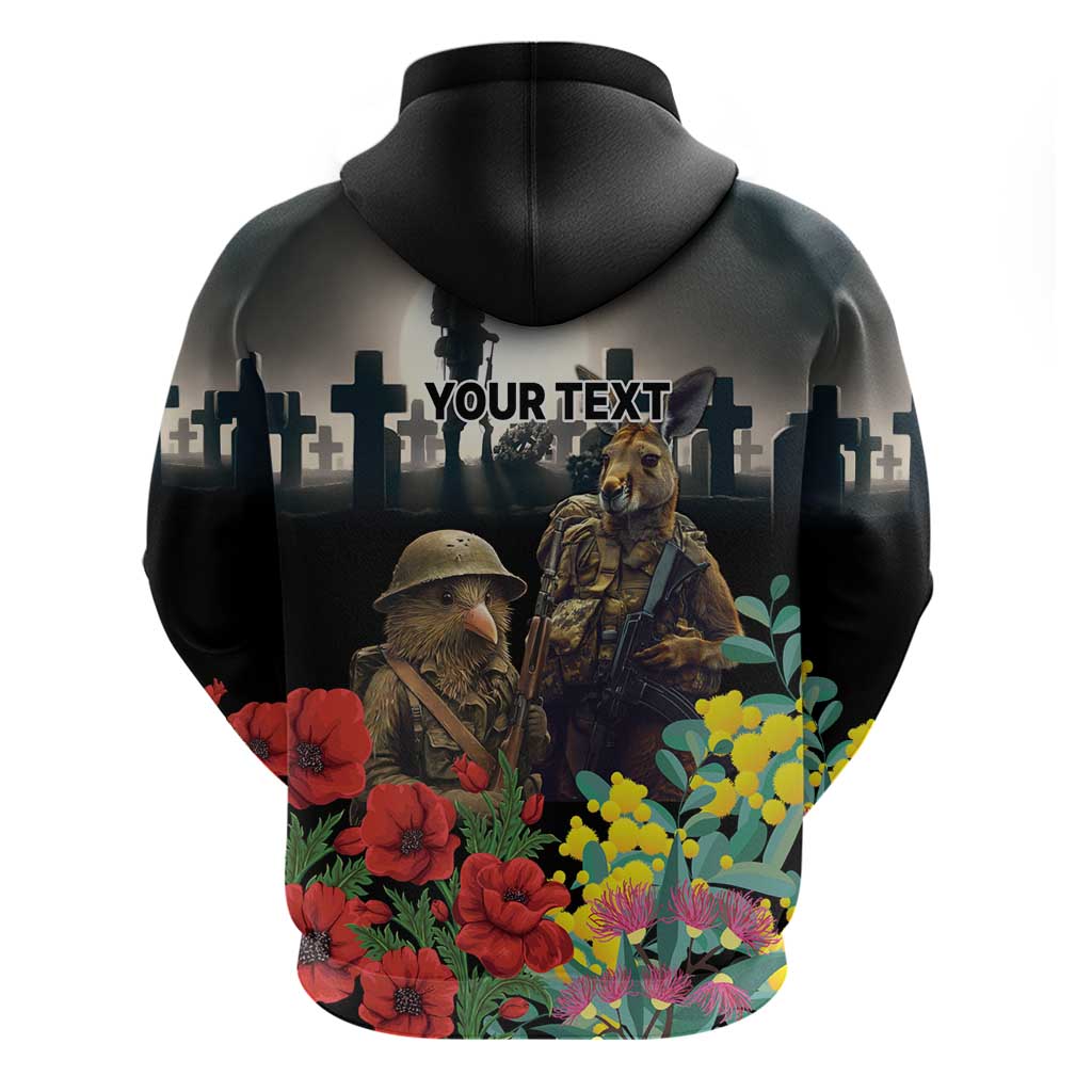 Kangaroo-Kiwi Soldier ANZAC Personalised Hoodie Golden Wattle Poppy Flowers