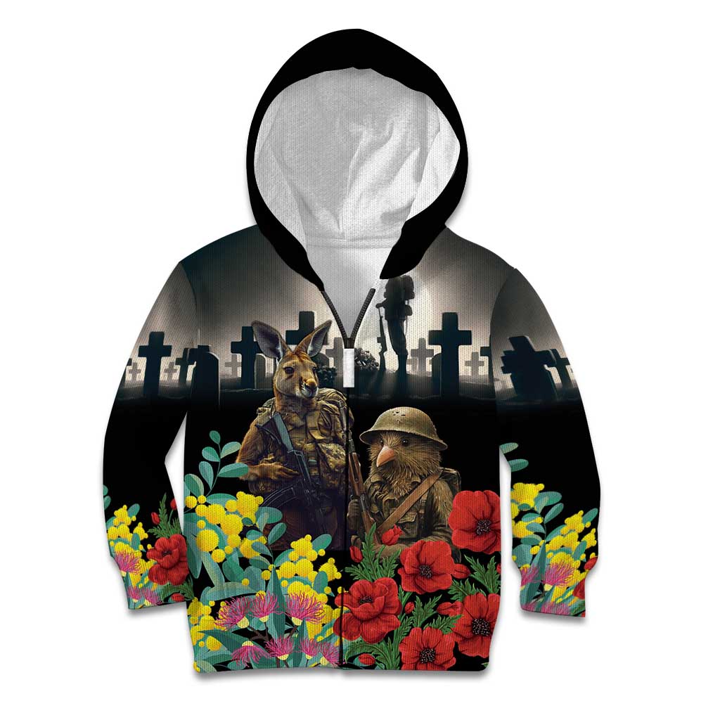 Kangaroo-Kiwi Soldier ANZAC Personalised Kid Hoodie Golden Wattle Poppy Flowers
